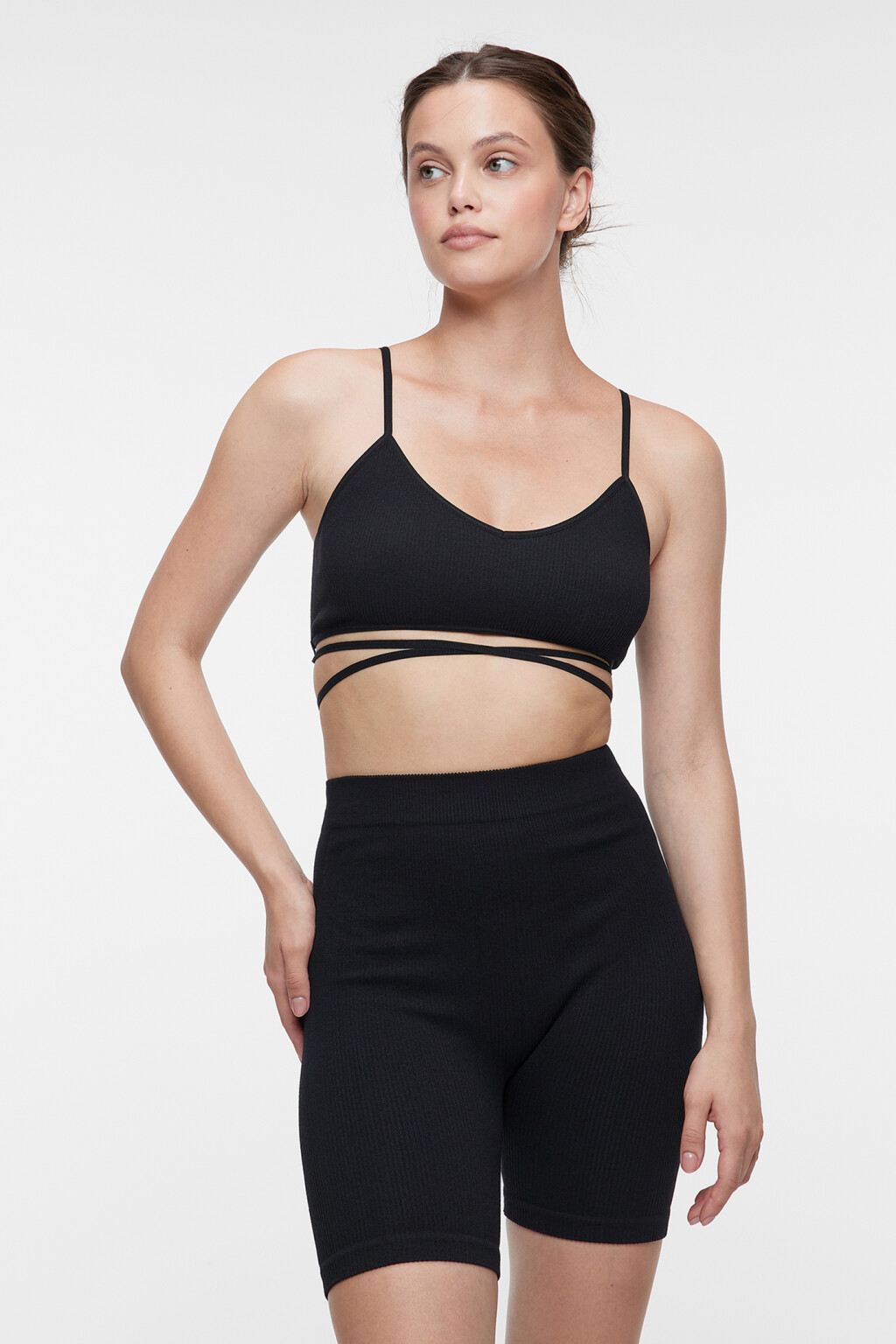 Топ-бюстгальтер домашний с принтом и завязками на талии - цвет черный - 1