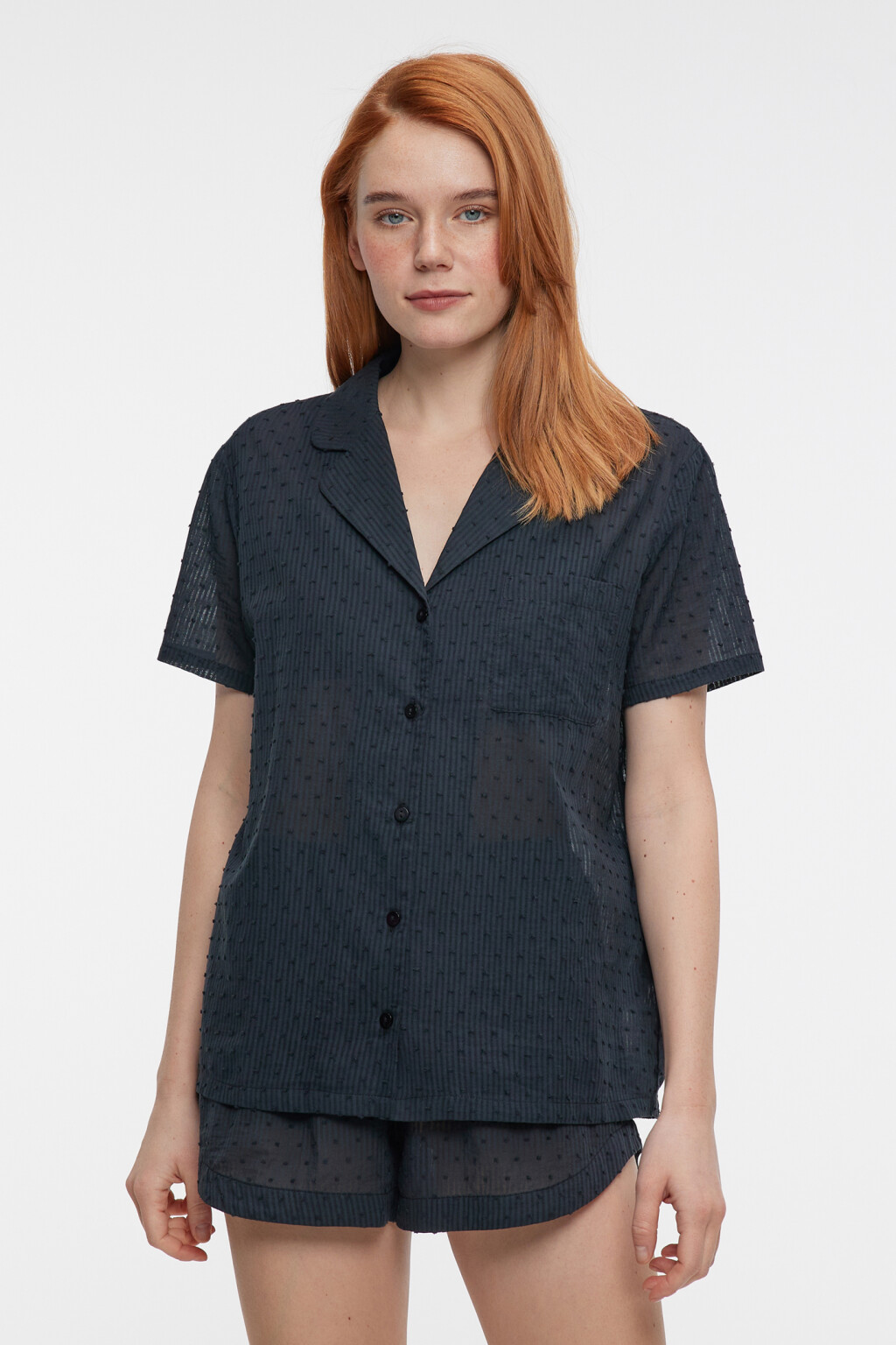 Блузка-рубашка домашняя хлопковая с коротким рукавом - цвет черный - 2