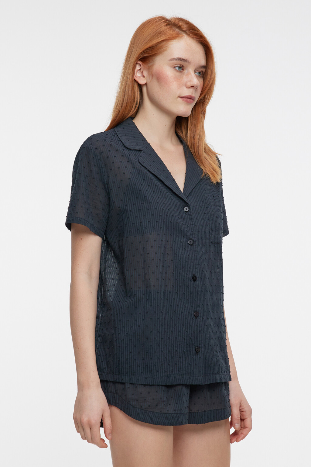 Блузка-рубашка домашняя хлопковая с коротким рукавом - цвет черный - 3