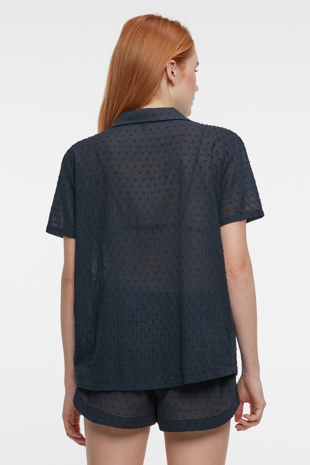 Блузка-рубашка домашняя хлопковая с коротким рукавом - цвет черный - 4