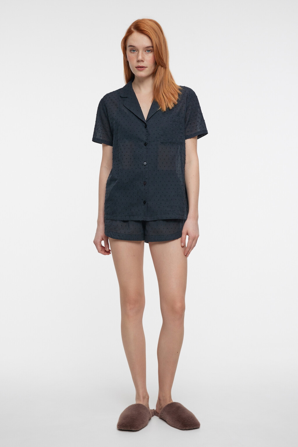 Блузка-рубашка домашняя хлопковая с коротким рукавом - цвет черный - 1