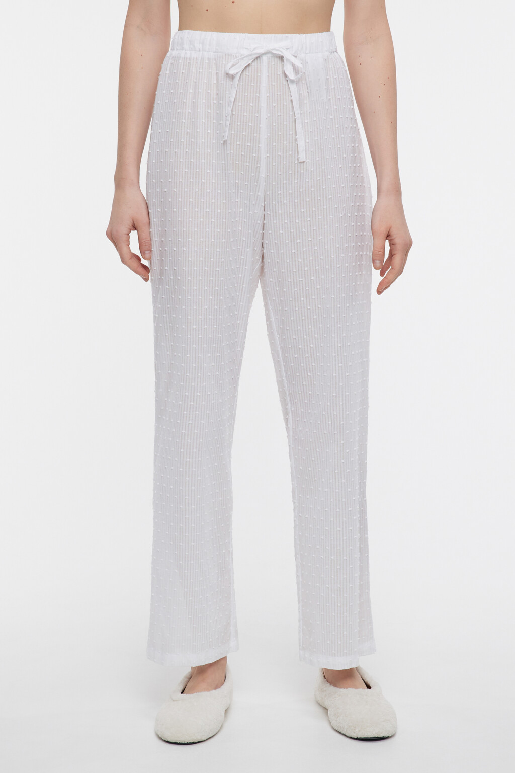Брюки домашние хлопковые с поясом на завязках - цвет белый - 1