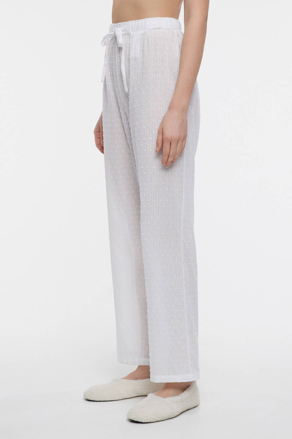 Брюки домашние хлопковые с поясом на завязках - цвет белый - 2