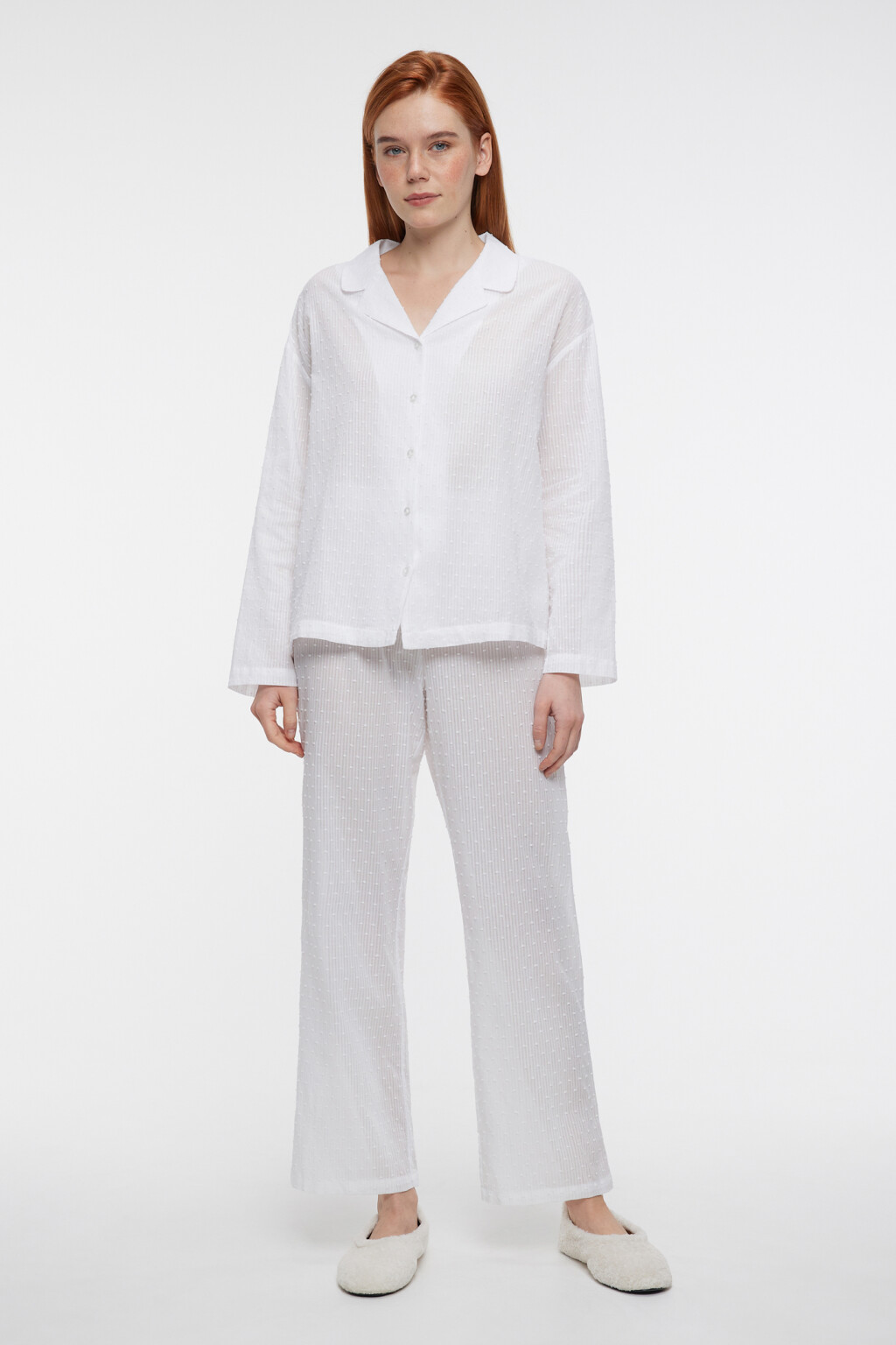 Брюки домашние хлопковые с поясом на завязках - цвет белый - 4