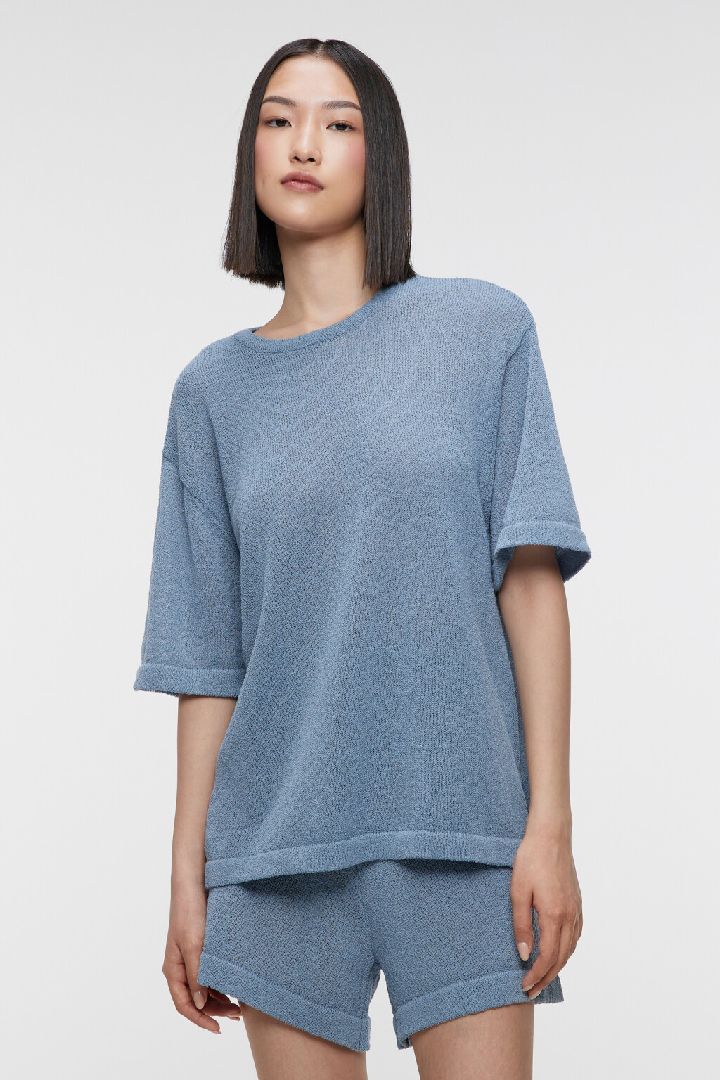 Футболка oversize домашняя однотонная тонкой вязки - цвет синий - 2