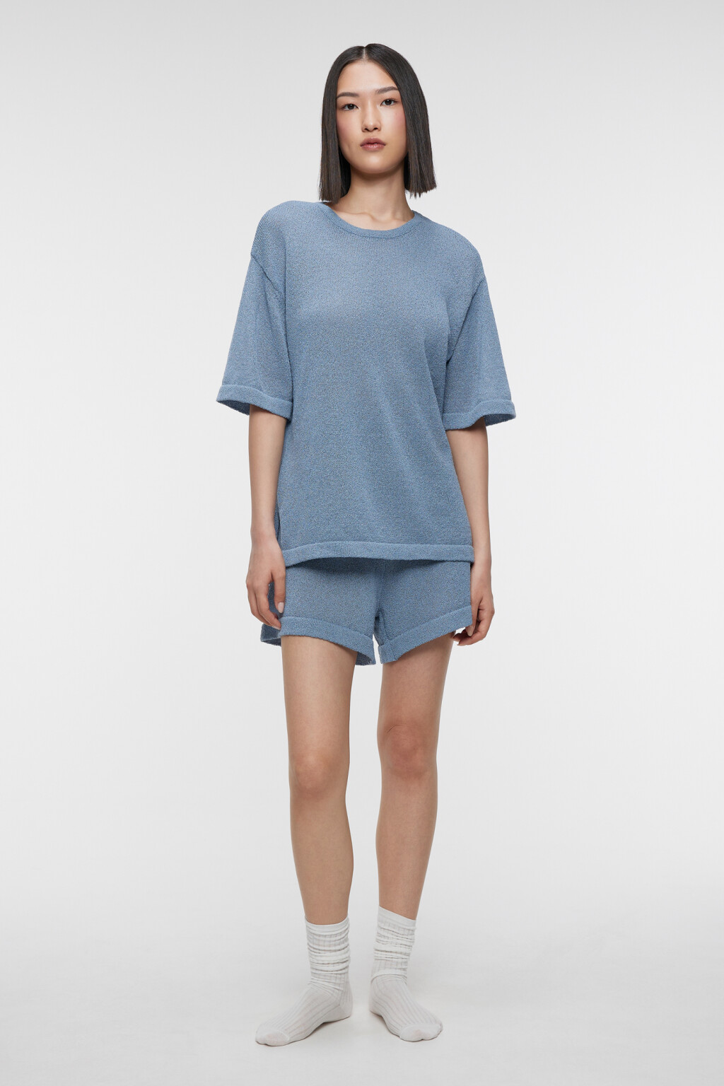 Футболка oversize домашняя однотонная тонкой вязки - цвет синий - 1