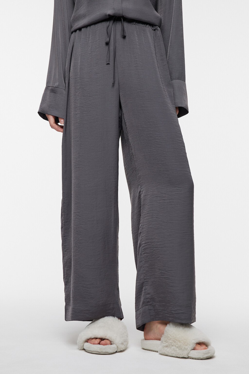 Брюки широкие домашние с поясом на завязках - цвет серый - 1