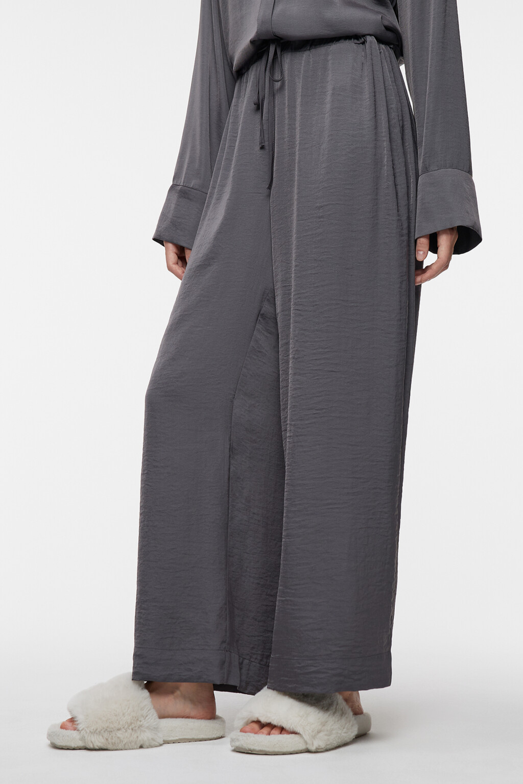 Брюки широкие домашние с поясом на завязках - цвет серый - 2