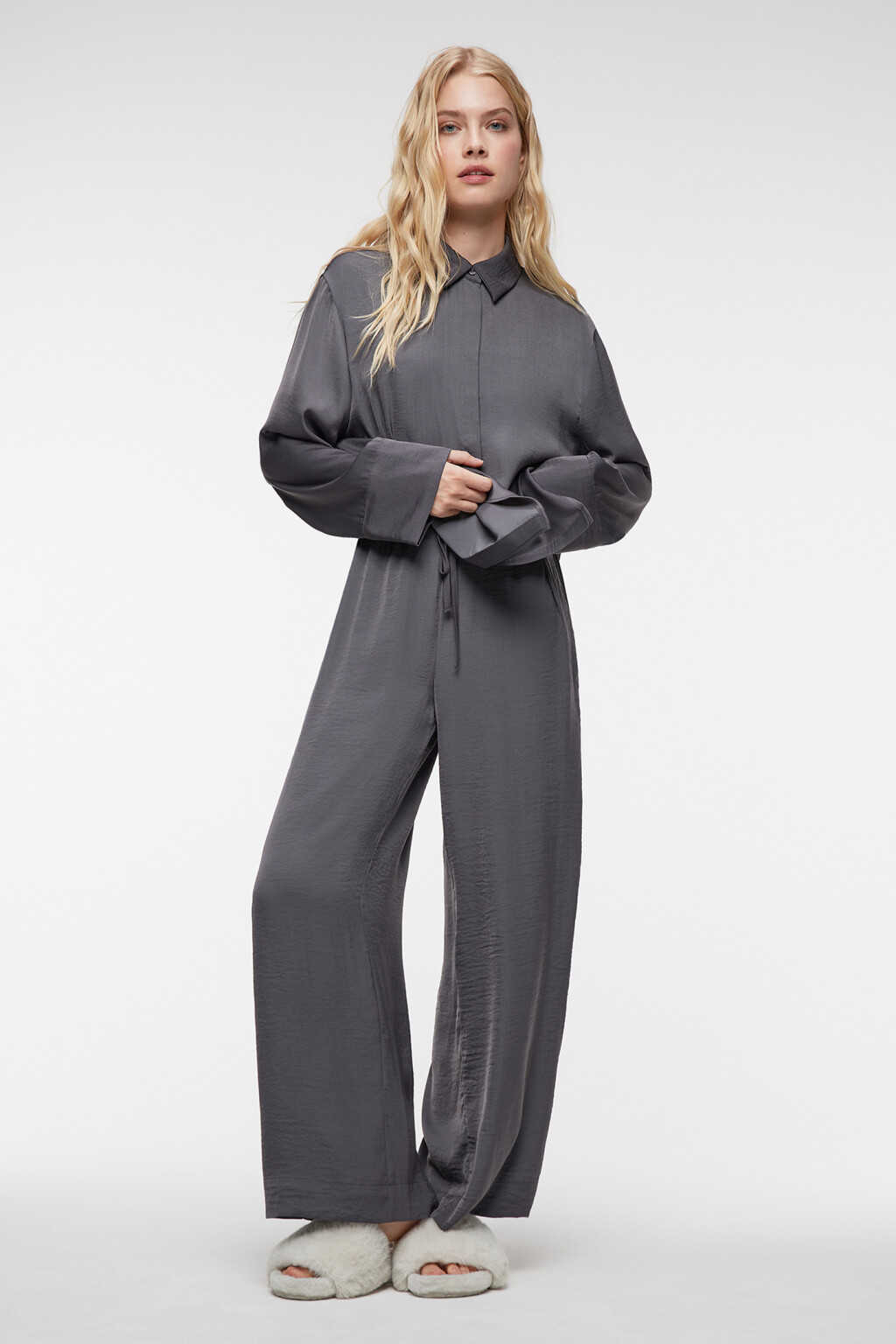 Брюки широкие домашние с поясом на завязках - цвет серый - 4