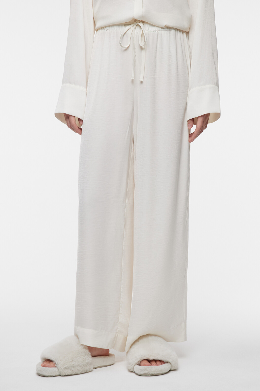 Брюки широкие домашние с поясом на завязках - цвет бежевый - 1