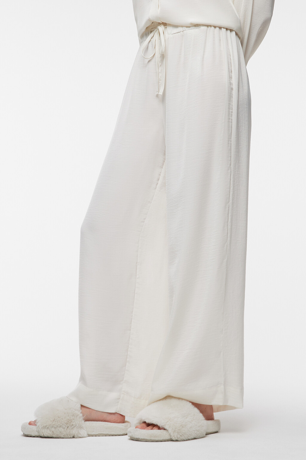 Брюки широкие домашние с поясом на завязках - цвет бежевый - 2