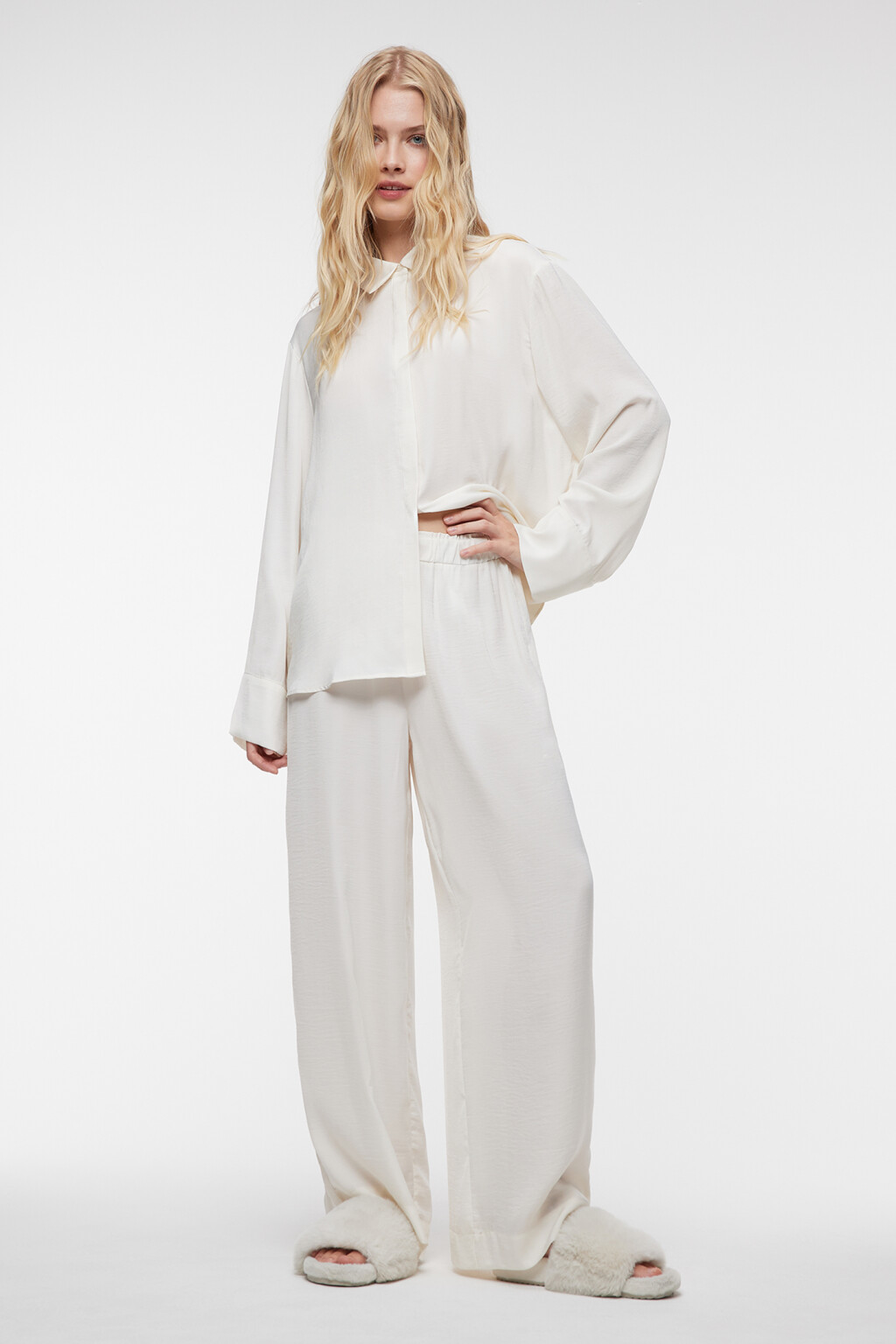 Брюки широкие домашние с поясом на завязках - цвет бежевый - 5