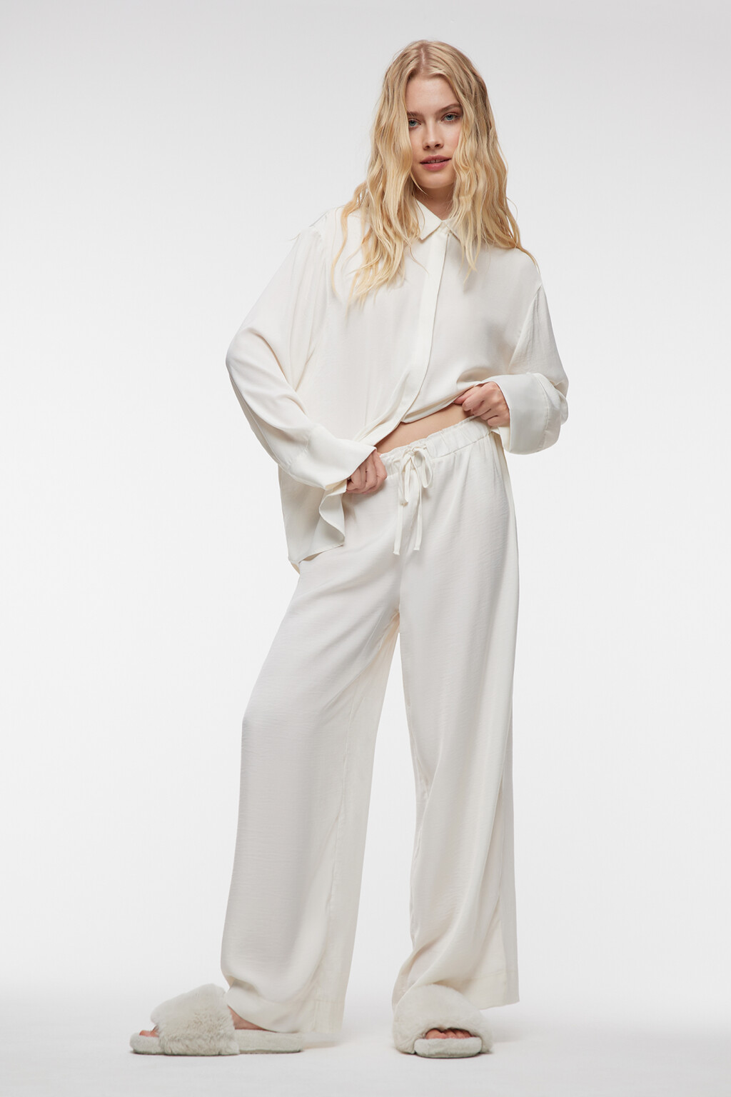 Брюки широкие домашние с поясом на завязках - цвет бежевый - 4