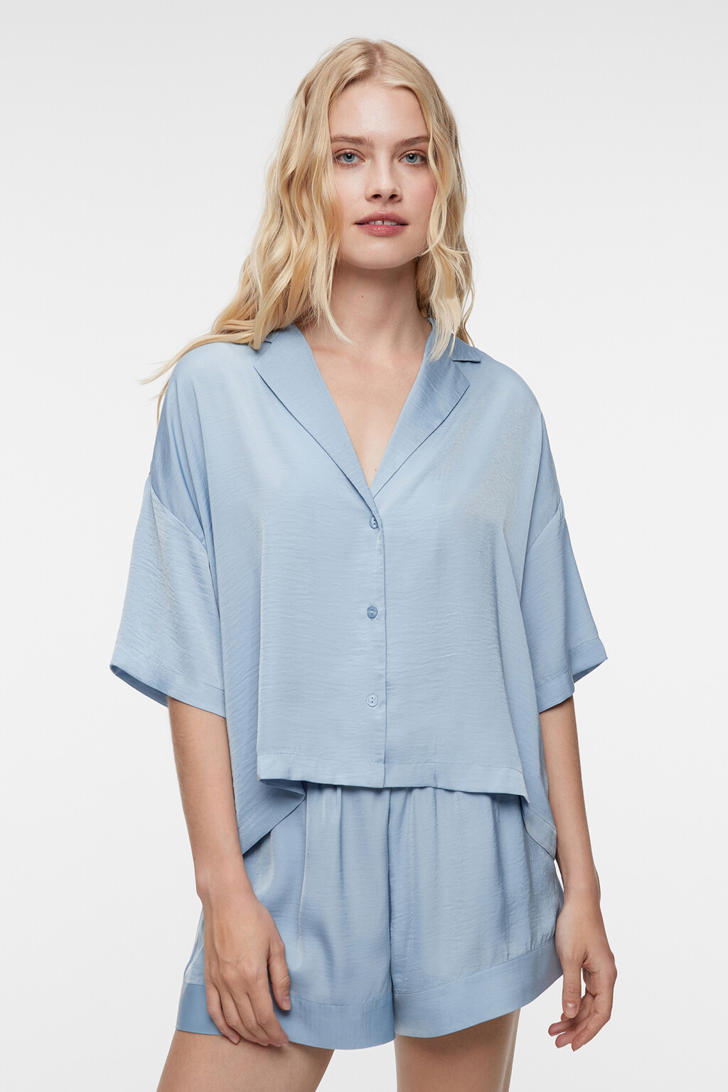 Блузка-рубашка oversize домашняя с короткими рукавами - цвет синий - 2