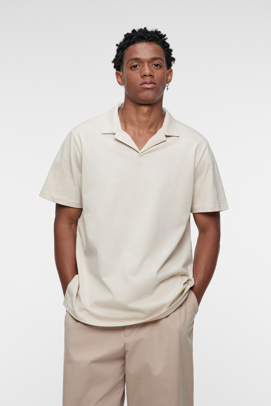 Футболка-поло прямая хлопковая однотонная - цвет бежевый - 2