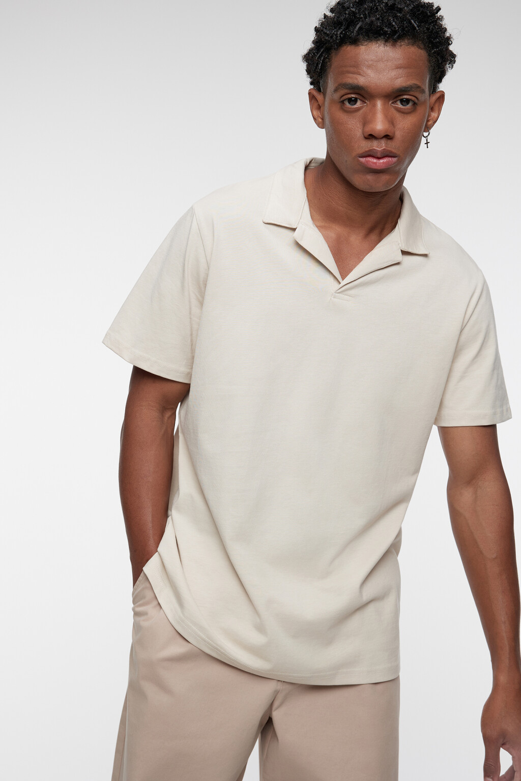 Футболка-поло прямая хлопковая однотонная - цвет бежевый - 1