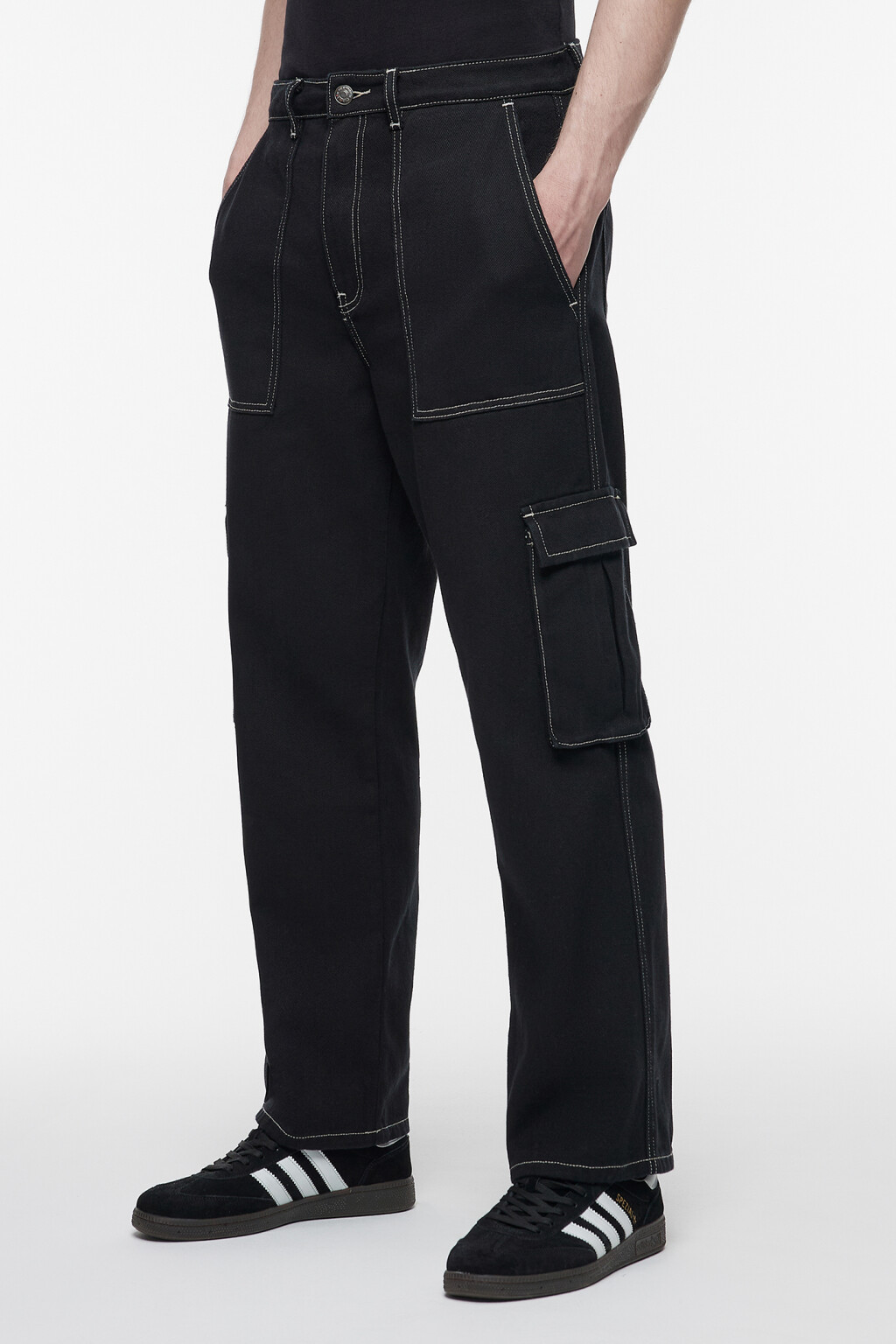Джинсы карго широкие с накладными карманами - цвет черный - 1