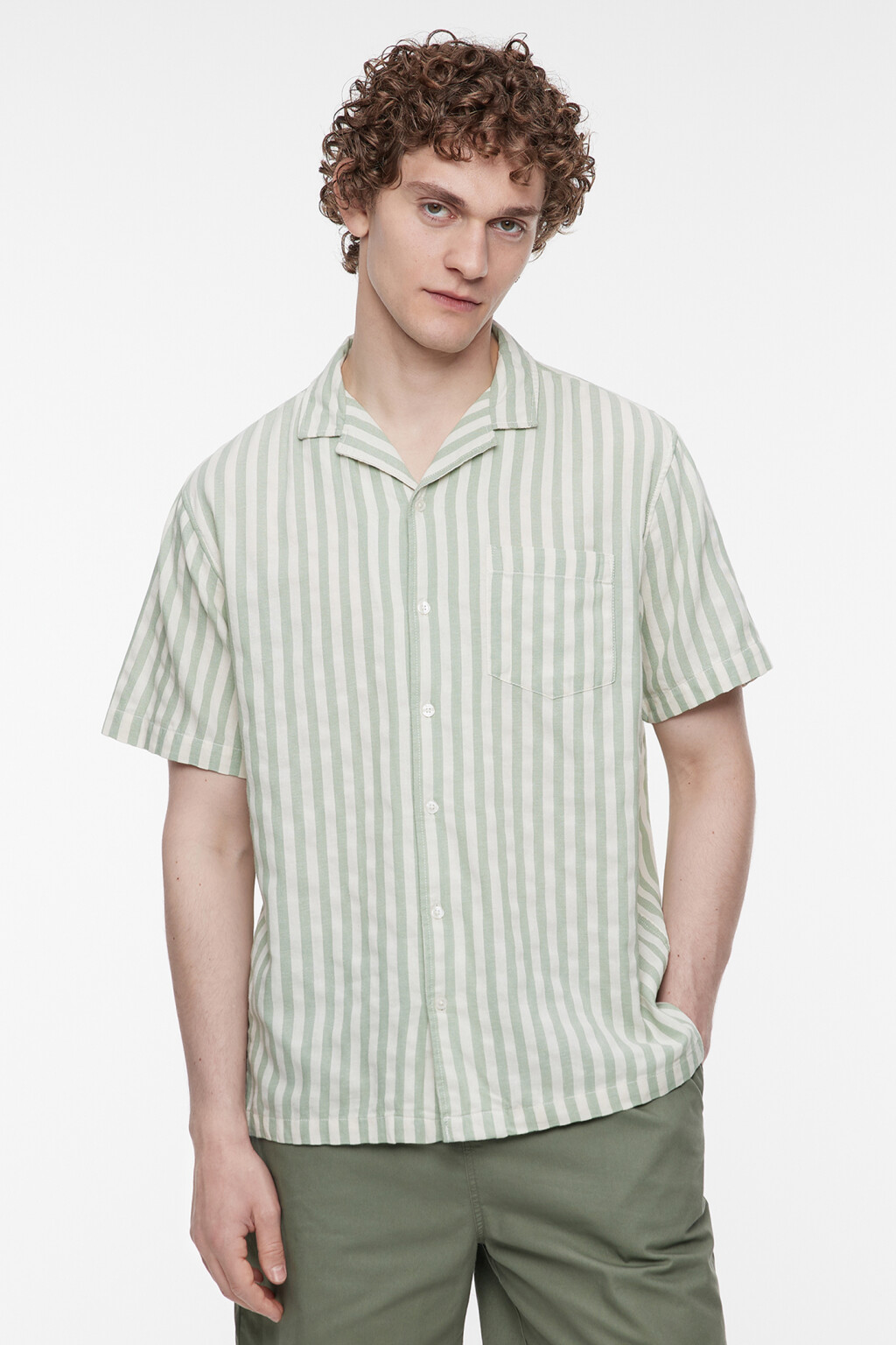 Рубашка прямая в полоску с коротким рукавом - цвет зеленый - 3