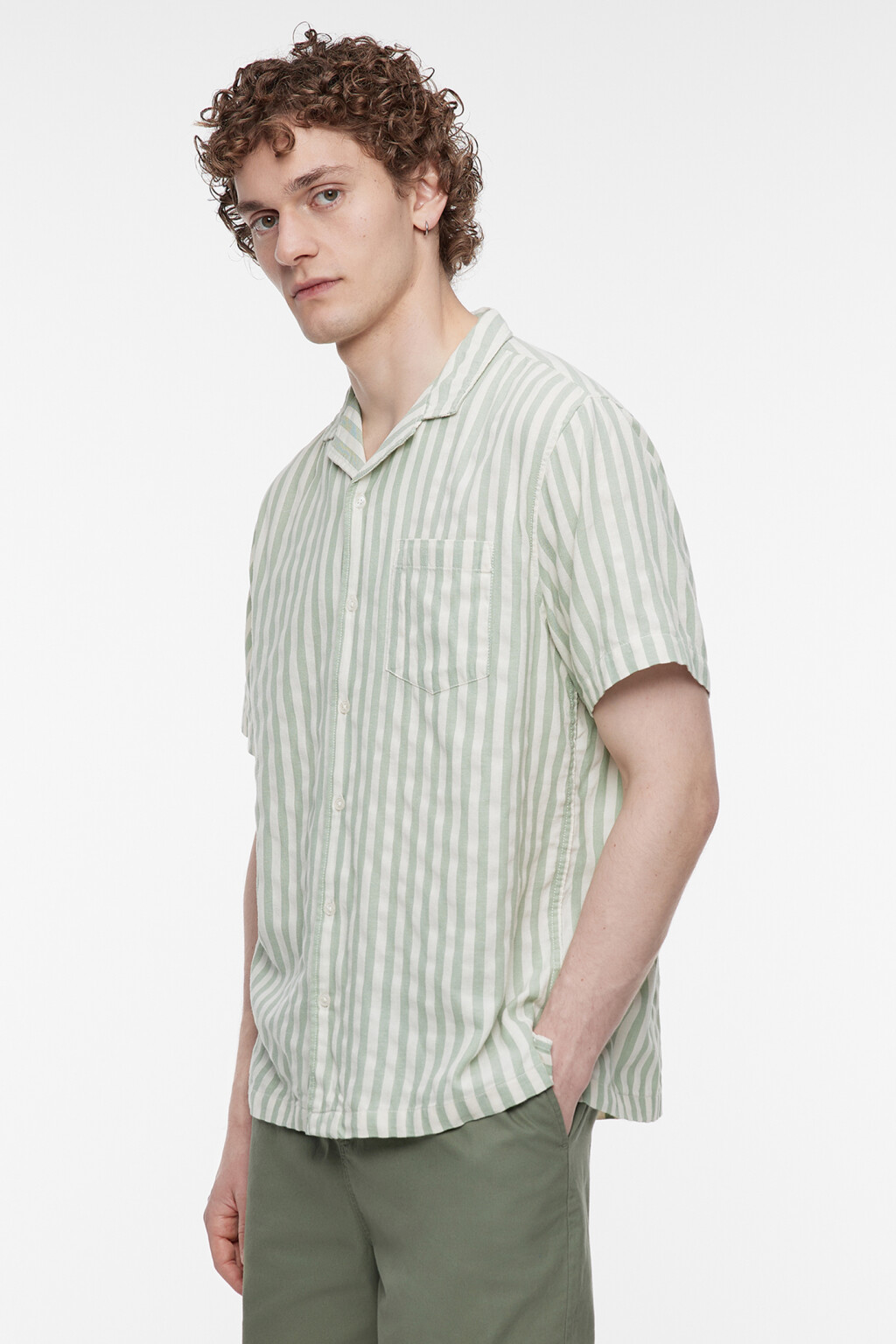 Рубашка прямая в полоску с коротким рукавом - цвет зеленый - 4