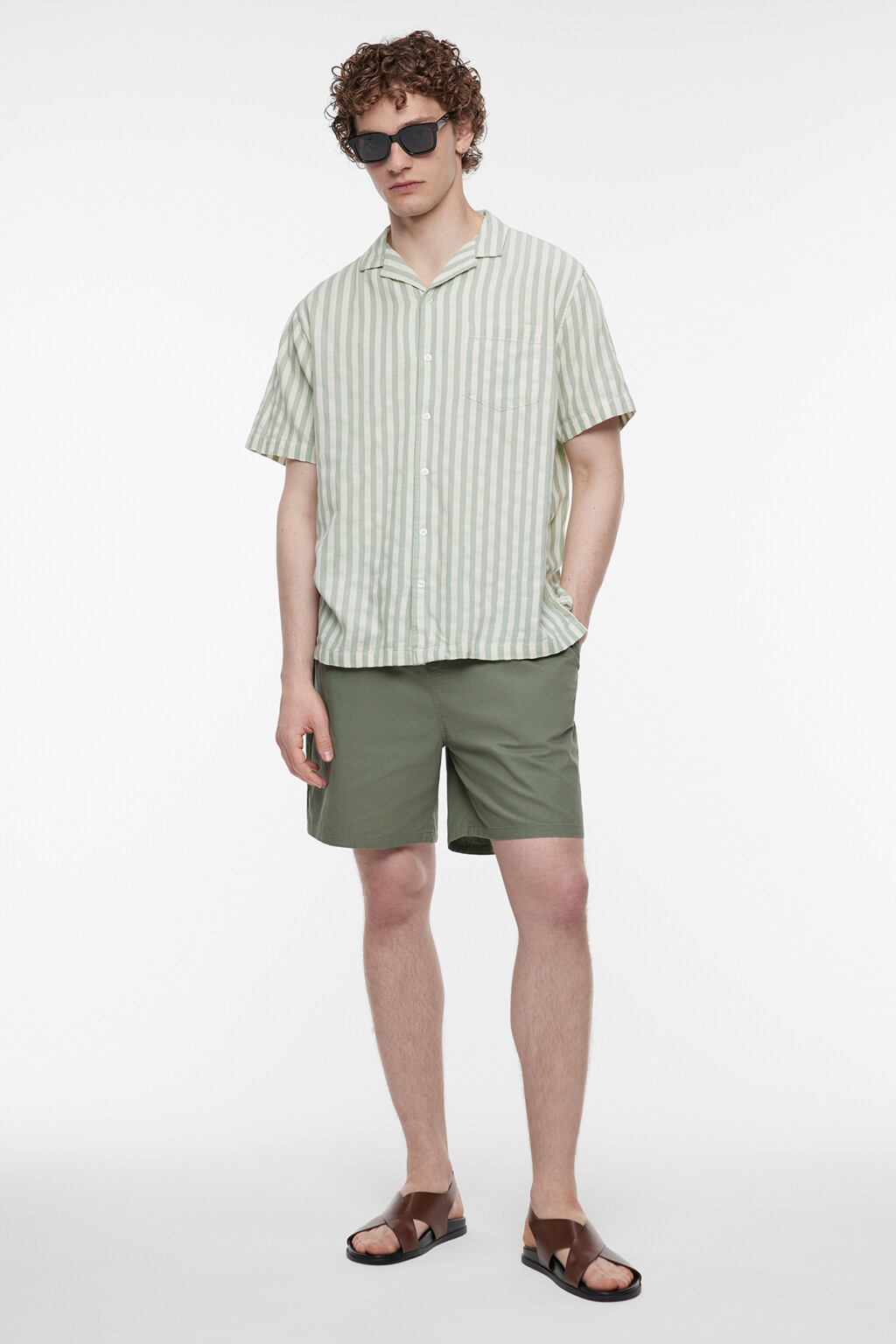 Рубашка прямая в полоску с коротким рукавом - цвет зеленый - 1