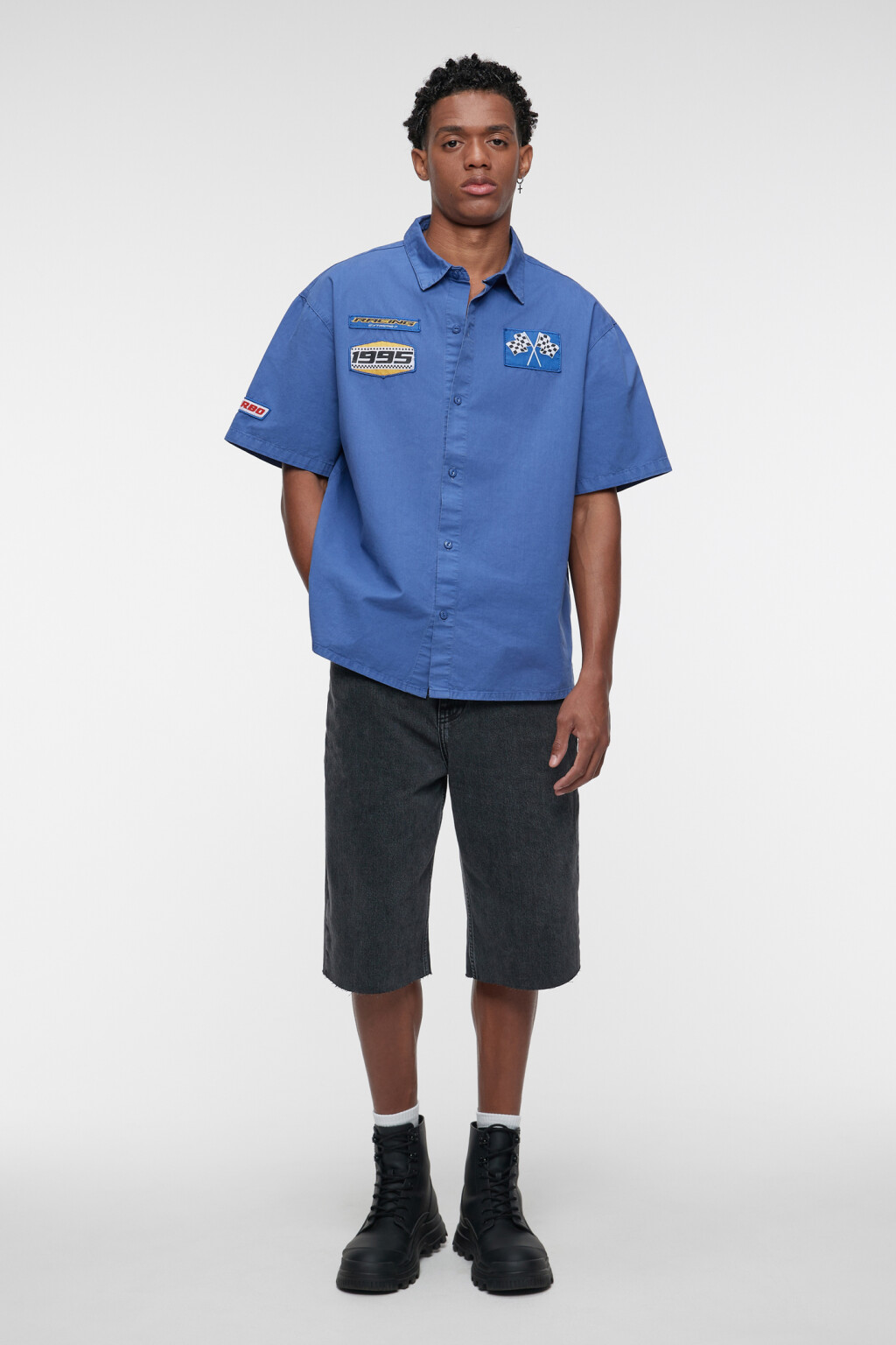 Рубашка хлопковая прямая с принтом в гоночном стиле - цвет синий - 1