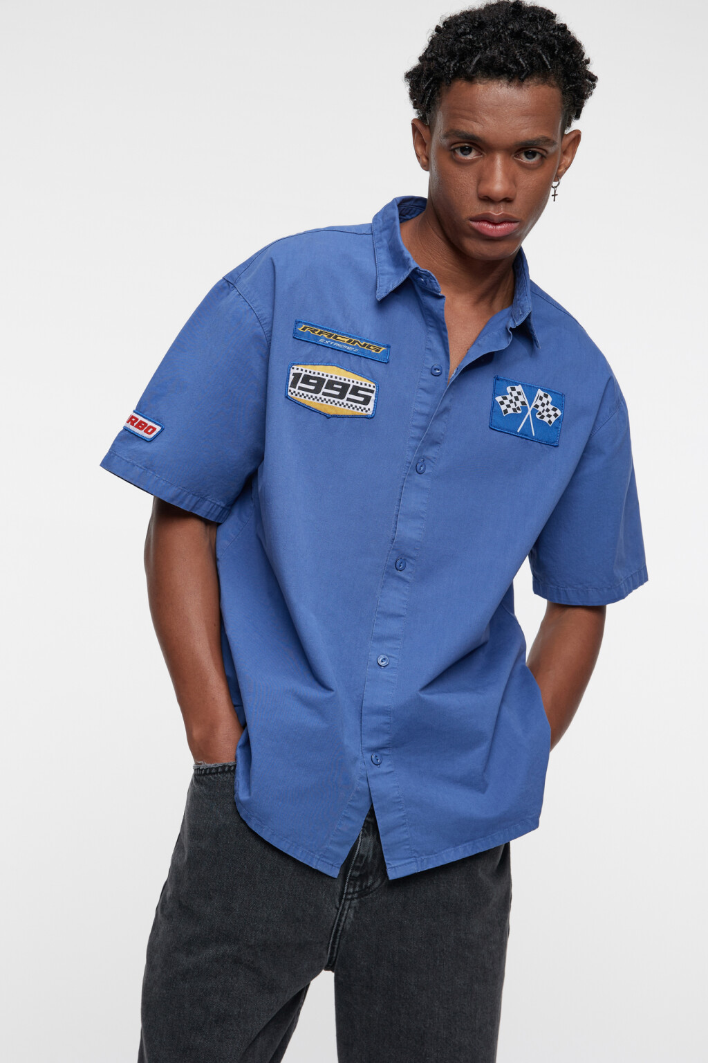 Рубашка хлопковая прямая с принтом в гоночном стиле - цвет синий - 2