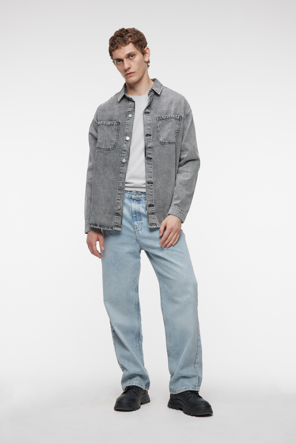 Рубашка джинсовая прямая с длинными рукавами - цвет серый - 4