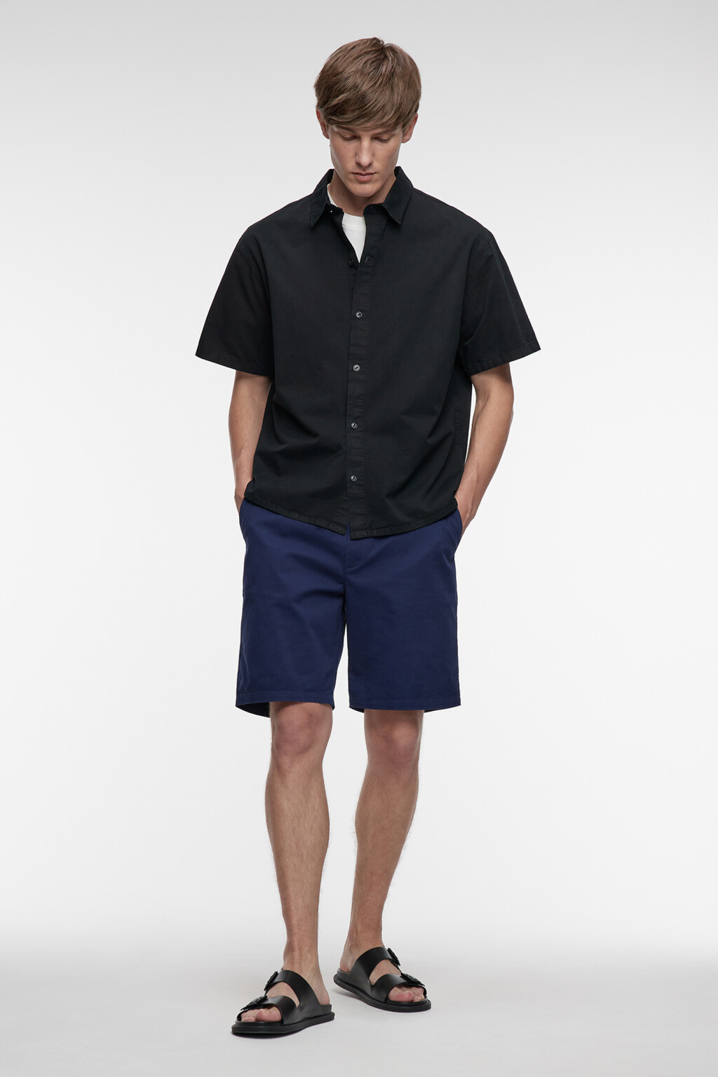 Шорты прямые хлопковые с поясом на завязках - цвет синий - 2