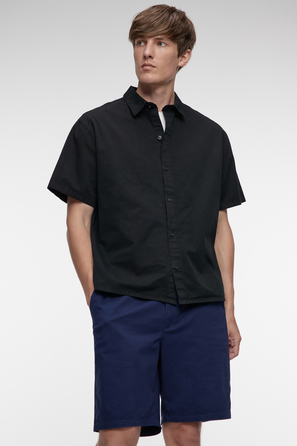 Шорты прямые хлопковые с поясом на завязках - цвет синий - 1