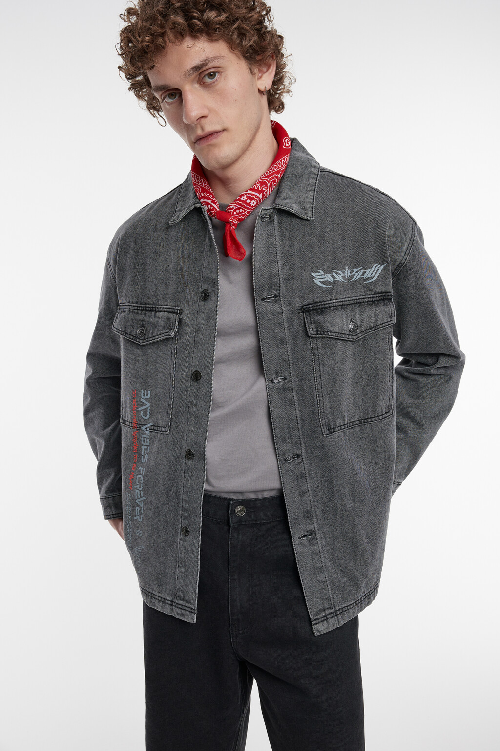 Рубашка джинсовая прямая с нагрудными карманами - цвет серый - 2