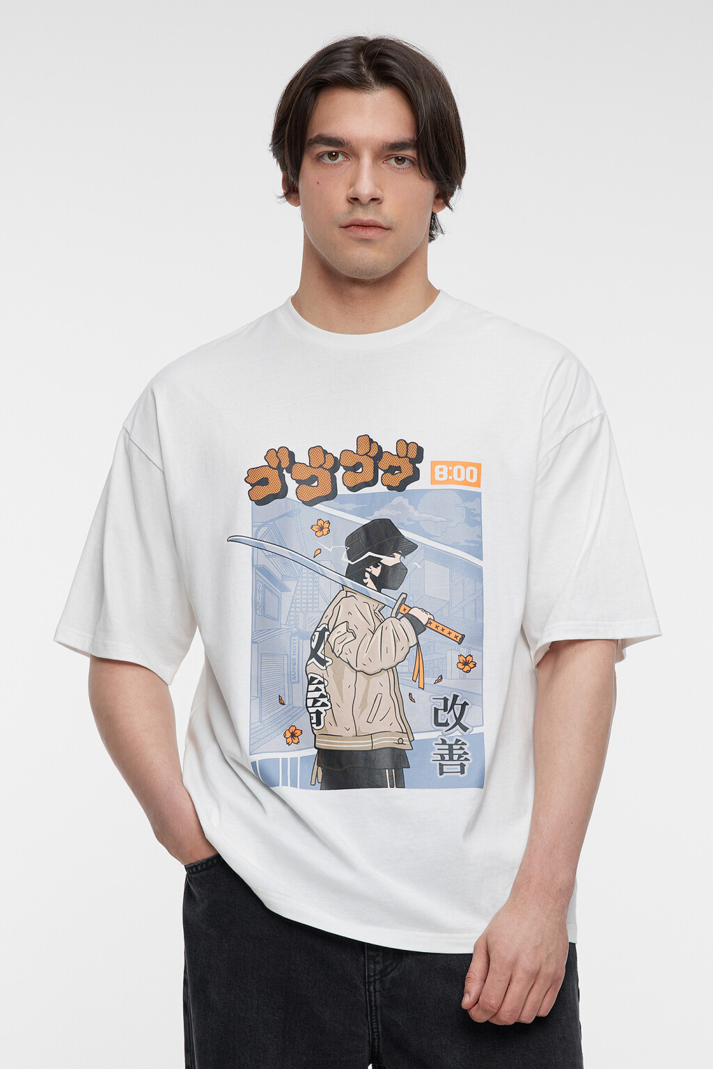 Футболка oversize хлопковая с принтом в стиле аниме - цвет белый - 2