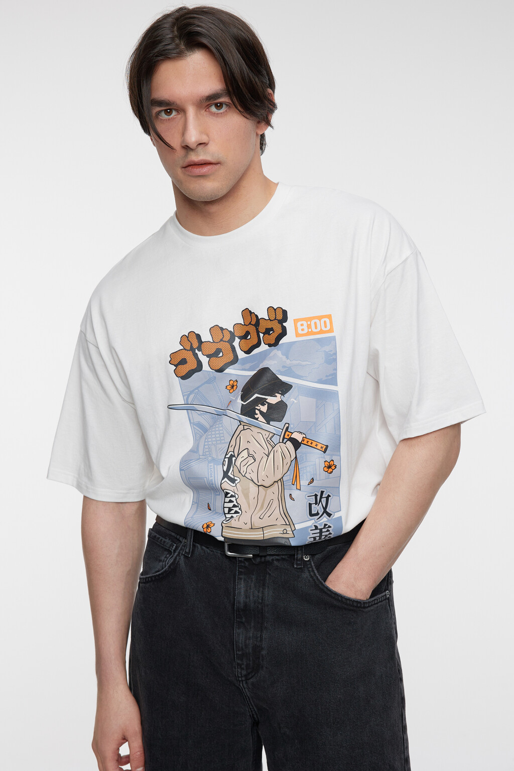 Футболка oversize хлопковая с принтом в стиле аниме - цвет белый - 1