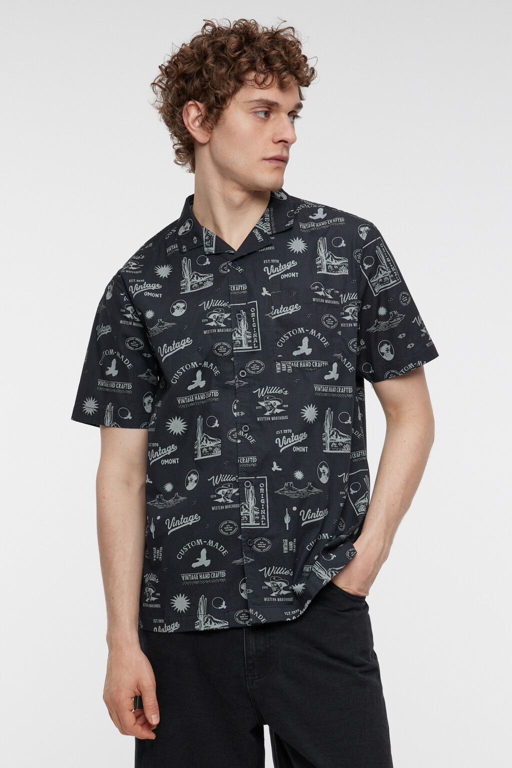 Рубашка хлопковая прямая с коротким рукавом и принтом - цвет серый - 1
