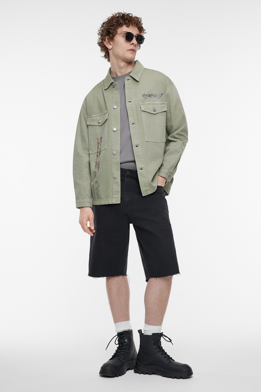 Рубашка джинсовая прямая с нагрудными карманами - цвет зеленый - 6