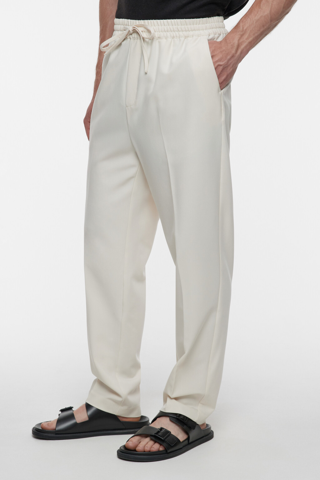 Брюки костюмные прямые с поясом-резинкой и завязками - цвет бежевый - 2