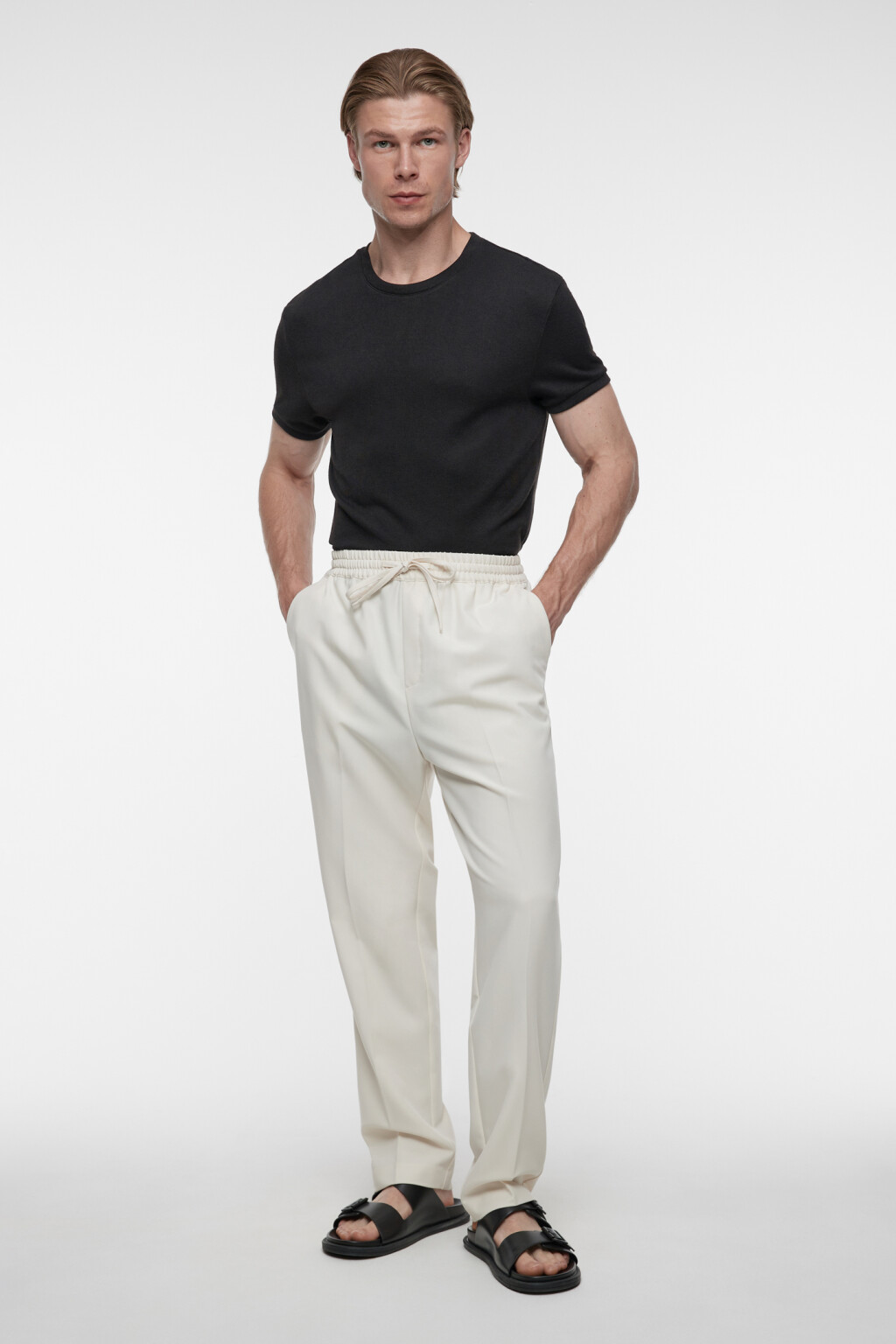 Брюки костюмные прямые с поясом-резинкой и завязками - цвет бежевый - 4