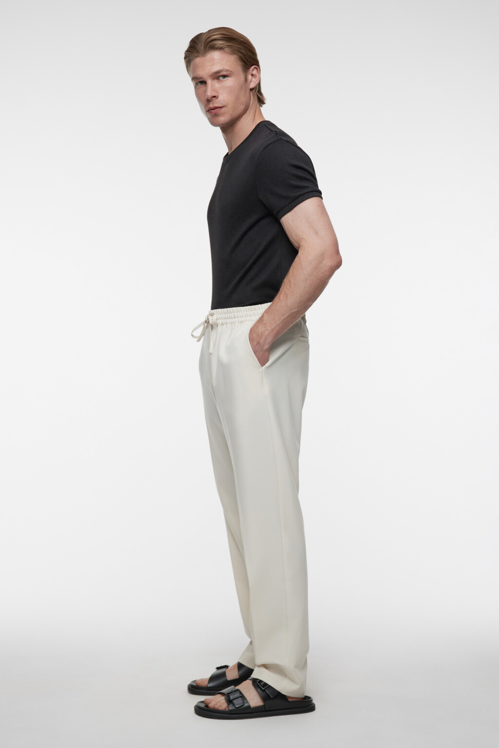 Брюки костюмные прямые с поясом-резинкой и завязками - цвет бежевый - 7