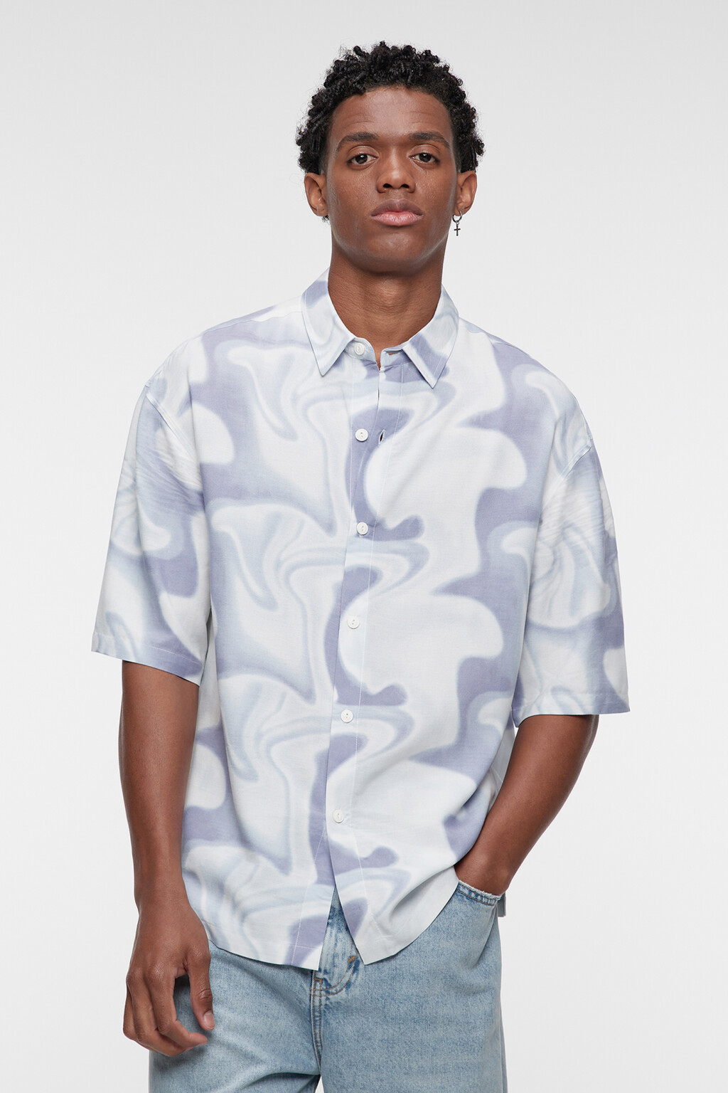Рубашка прямая вискозная с принтом в стиле тай-дай - цвет фиолетовый - 3