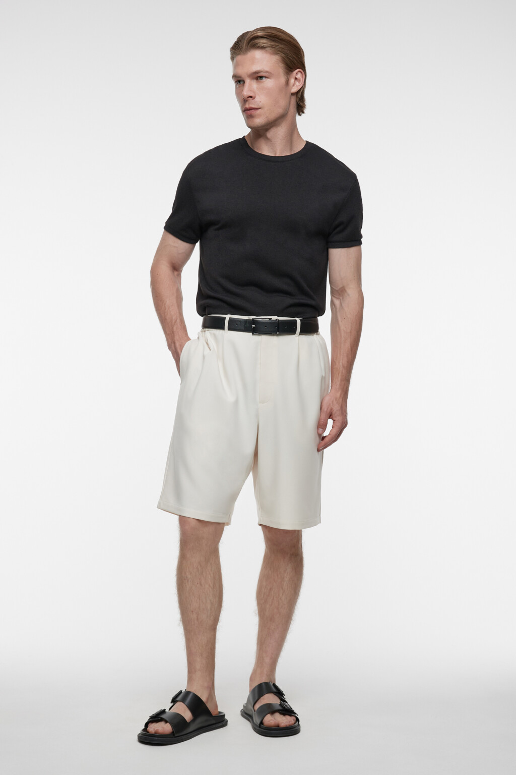 Шорты короткие прямые с поясом на завязках - цвет бежевый - 5