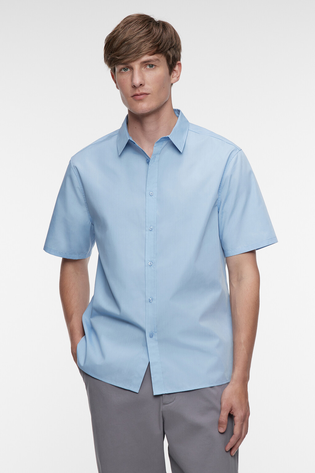 Рубашка slim хлопковая приталенная с коротким рукавом - цвет голубой - 2