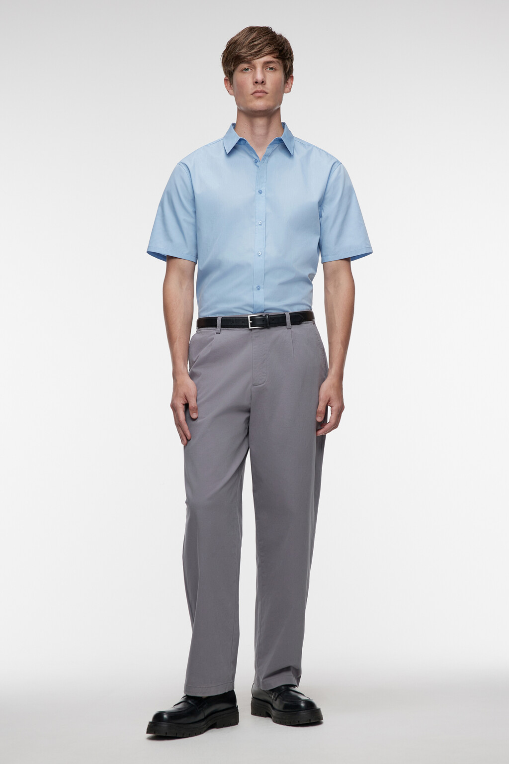 Рубашка slim хлопковая приталенная с коротким рукавом - цвет голубой - 1