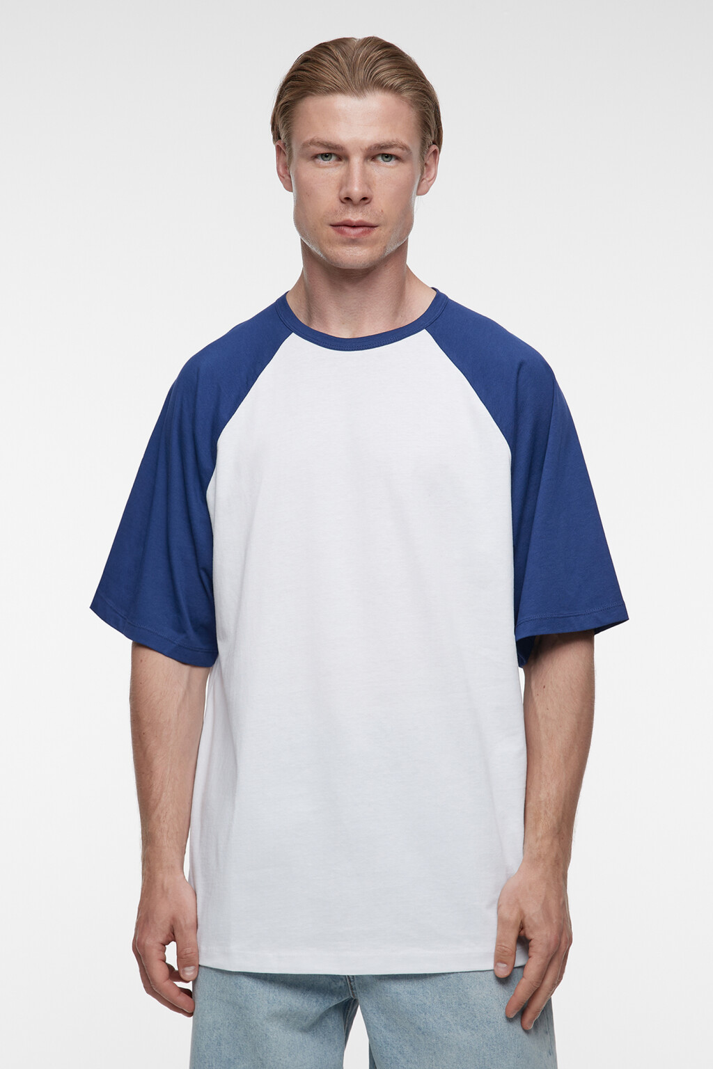 Футболка прямая хлопковая с рукавами реглан - цвет синий - 2