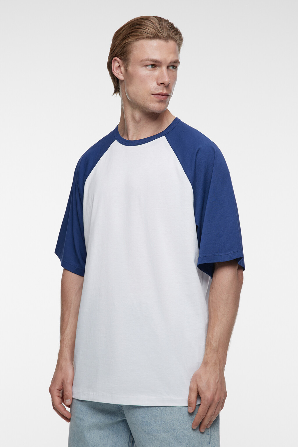 Футболка прямая хлопковая с рукавами реглан - цвет синий - 3