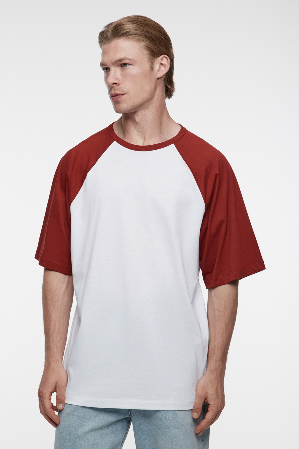 Футболка прямая хлопковая с рукавами реглан - цвет красный - 1