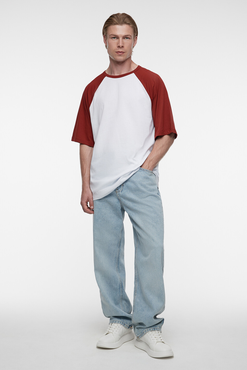 Футболка прямая хлопковая с рукавами реглан - цвет красный - 4