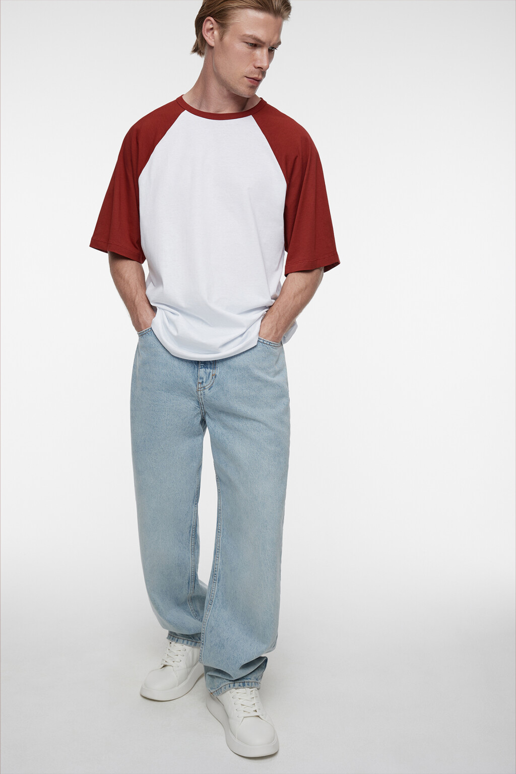 Футболка прямая хлопковая с рукавами реглан - цвет красный - 7