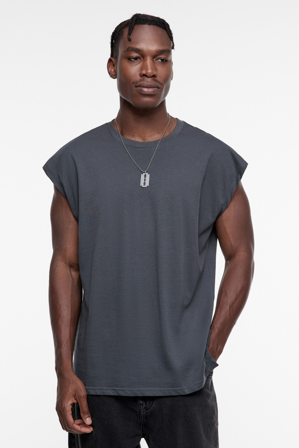 Футболка свободного кроя хлопковая без рукавов - цвет серый - 2