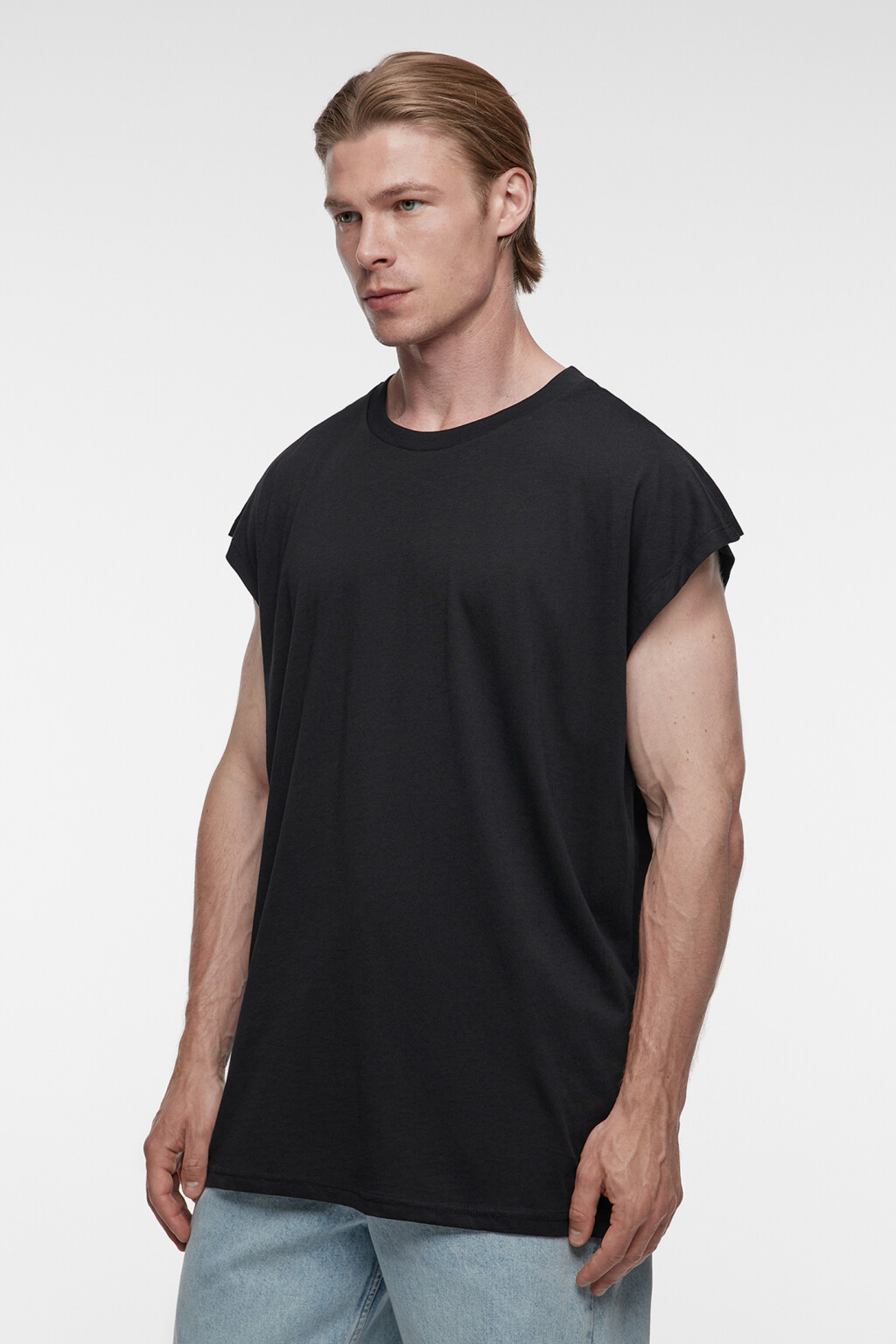 Футболка свободного кроя хлопковая без рукавов - цвет черный - 4