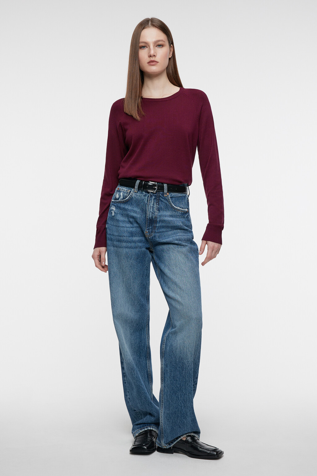 Джемпер вискозный свободный с разрезами по бокам - цвет бордовый - 4