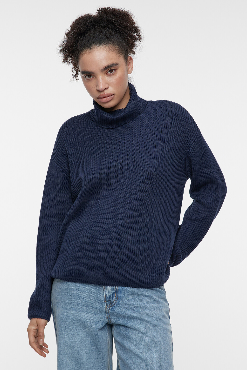 Свитер толстой вязки хлопковый с воротником-стойкой - цвет синий - 1